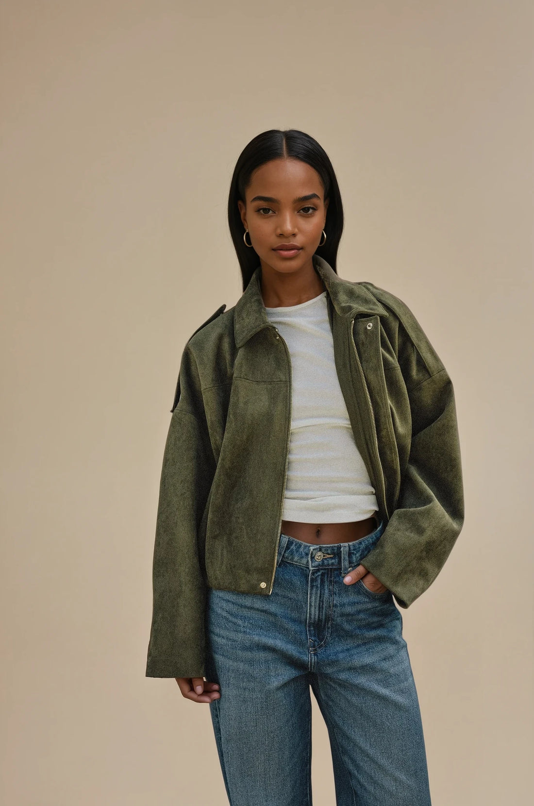 Olive Nomad Jacket - suede look